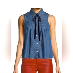 Frame Denim - Tie Pintuck Chambray Top removable black velvet ribbon size XS